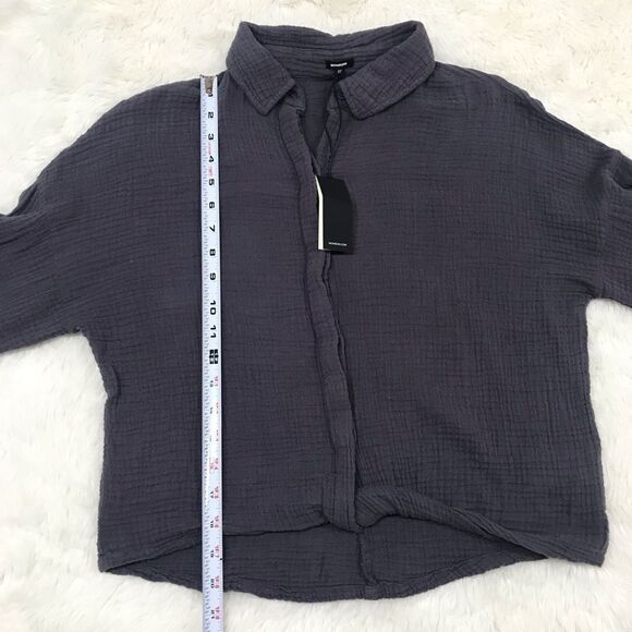 MONROW Gray Relaxed Gauze Button Down Shirt Long Sleeve Twist Front Size XS New - Picture 12 of 13